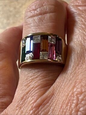 Multi-Color Baguette Gemstone Gold Ring-Size 9